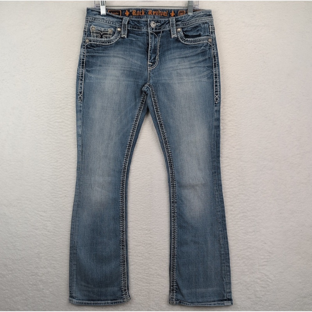 Rock Revival Anzelie Easy Boot Jeans Women's 30 Faux Flap Distressed Embellished